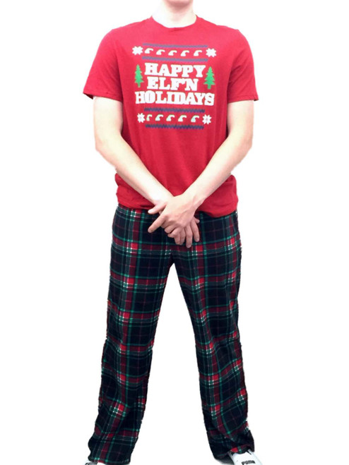 Mens Elf Sleep Set Fleece Lounge Pants & Shirt Happy Elfin Holidays Pajamas - cm42116 elfin pjs M