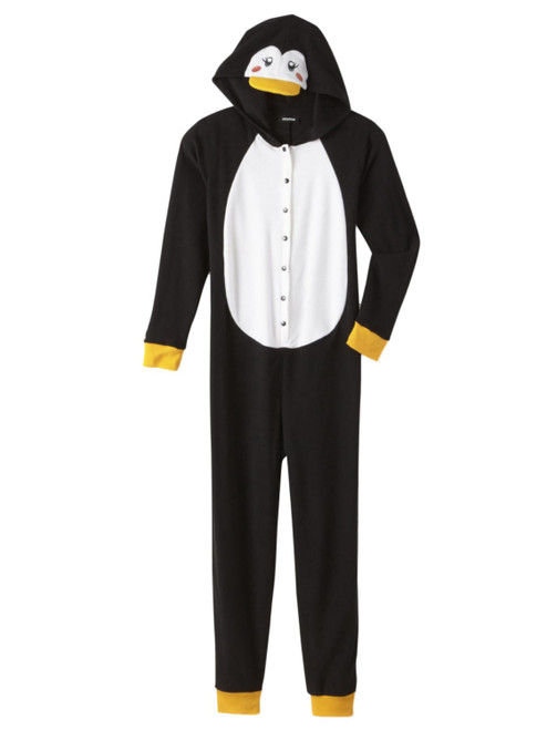 Womens Black Fleece Penguin Blanket Sleeper Pajama Union Suit - CM101118 JOEBX PENG M