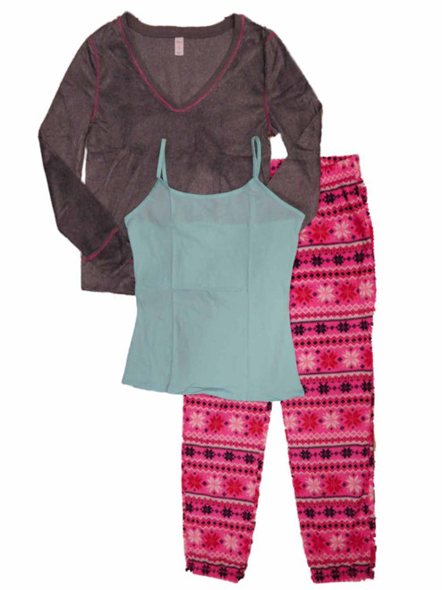 Junior Womens Gray & Pink Snowflake 3 Piece Fleece Pajamas Sleep Set with Camisole - CM72117 FLIRT GRAY PINK L