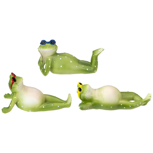 Set of 3 Green Sunbathing Spring Frog with Goggle Figurines 5"