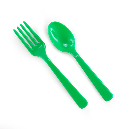 16pc Green Solid Forks and Spoons 7"