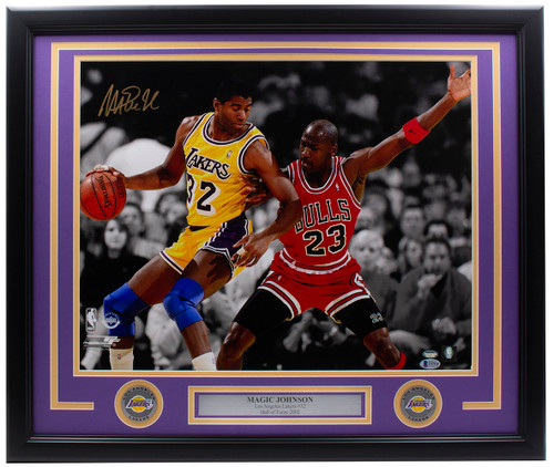 Magic Johnson Signed Framed 16x20 Los Angeles Lakers Photo vs. Jordan BAS