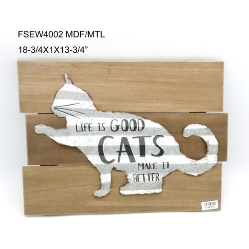 Set of 2 Brown and White Striped Rectangular "LIFE IS GOOD CATS MAKE IT BETTER" Wall Plaques 18.75" - 34255372