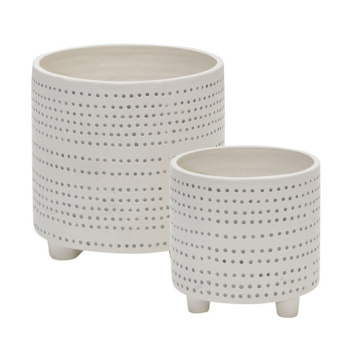 Set of 2 Ivory and Beige Polka Dotted Ceramic Outdoor Planters 8"