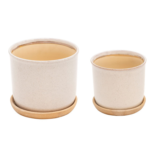 Set of 2 Beige and Ivory Ceramic Outdoor Planters with Saucers 8"