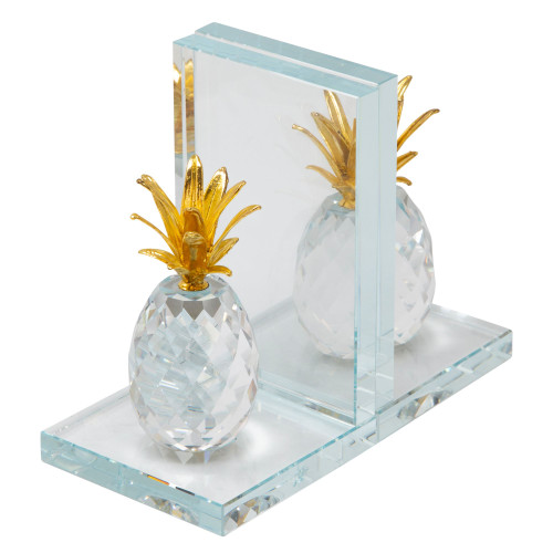 Set of 2 Gold and Clear Crystal Glass Pineapple Bookends 7"