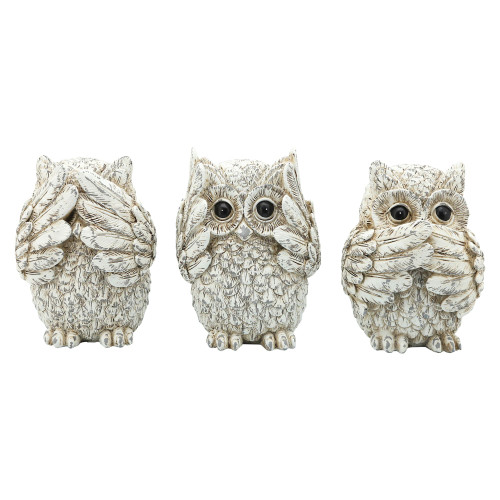 Set of 3 White No Evil Hear Speak and See Owl Figurines 8"