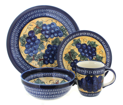Blue Rose Polish Pottery Grapes 16 Piece Dinner Set with Cobalt Trim
