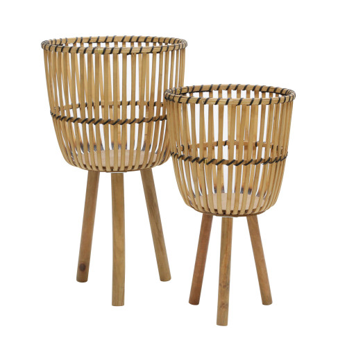 Set of 2 Natural Brown and Black Wicker Bamboo Wood Outdoor Footed Planters on Stand 23"