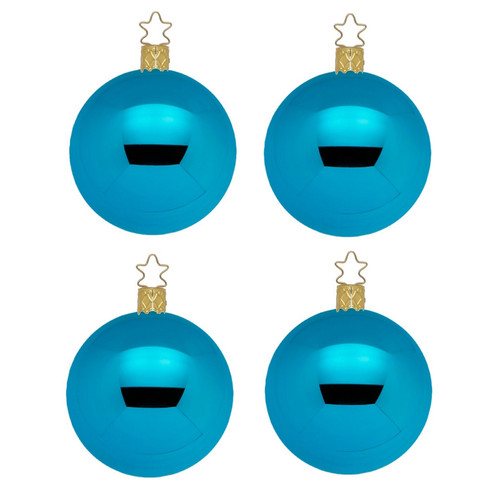 Inge Glas Turquoise Blue Shiny Ball  German Glass Christmas Ornaments Set of 4