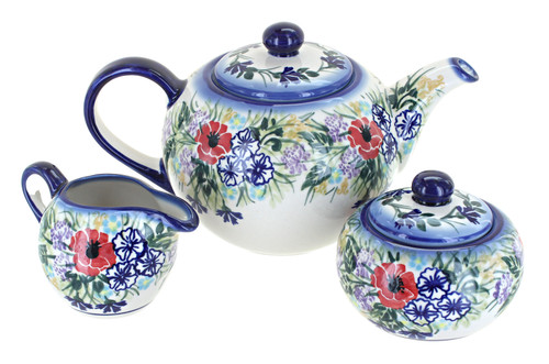 Blue Rose Polish Pottery Summer Garden 3 Piece Tea Set