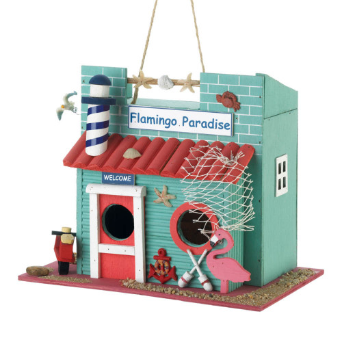 10" Seafoam Blue and Red Flamingo Paradise Birdhouse