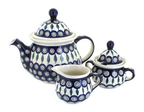 Blue Rose Polish Pottery Peacock Three Piece Tea Set
