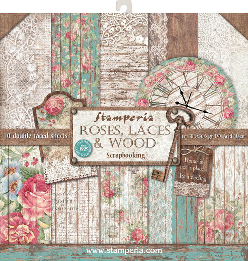 Stamperia Double-Sided Paper Pad 12"X12" 10/Pkg-Roses, Lace & Wood; 10 Designs/1 Each