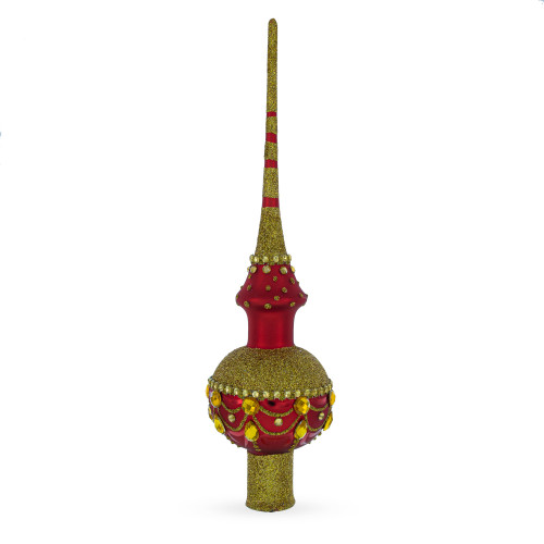 Jeweled Gold on Red Glass Christmas Tree Topper 11 Inches