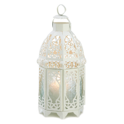 10.5" White Lattice Moroccan Style Hanging Candle Lantern