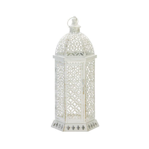 21.75" White and Brown Distressed Finish Hexagon Candle Lantern with Hanging Loop