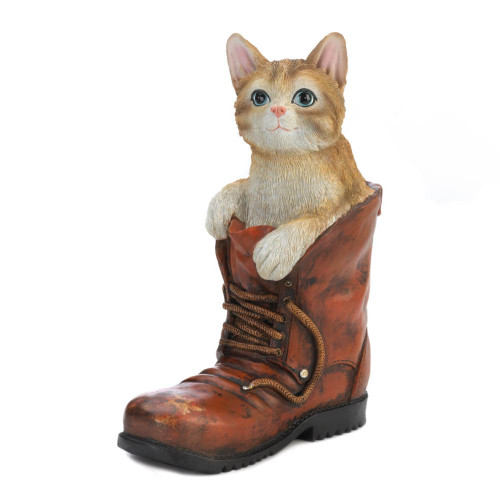 14" Brown and White Cat in a Boot Garden Outdoor Figurine