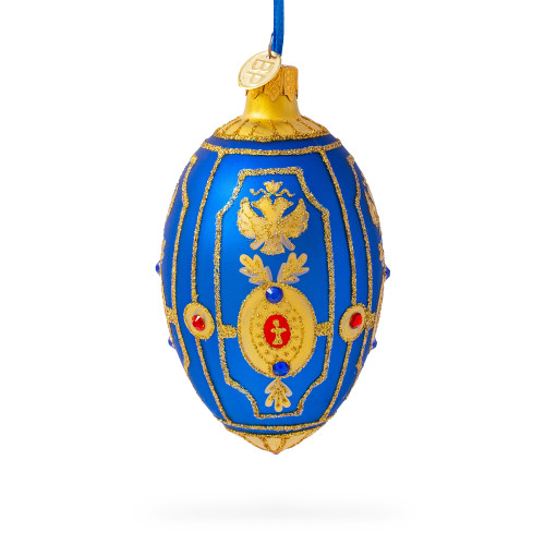 Golden Eagle on Blue Glass Egg Christmas Ornament 4 Inches
