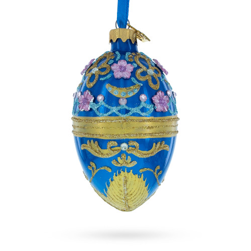 Flowers on Glossy Blue Egg Christmas Ornament 4 Inches