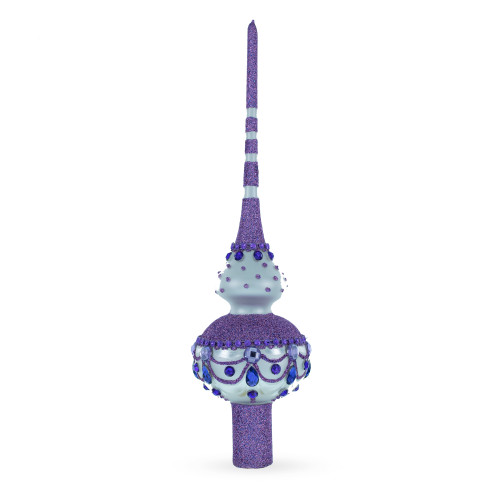 Jeweled Purple on White Glass Christmas Tree Topper 11 Inches