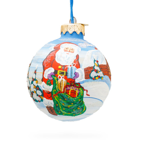 Santa with Bag of Gifts Glass Ball Christmas Ornament 3.25 Inches
