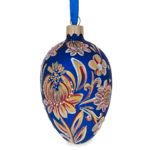 Golden Blue Floral Glass Egg Ornament