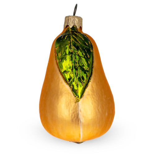 Pear with Shiny Leaf Glass Christmas Ornament