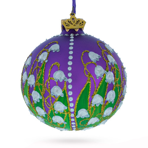 Lilies of the Valley on Purple Royal Glass Ball Christmas Ornament 3.25 Inches