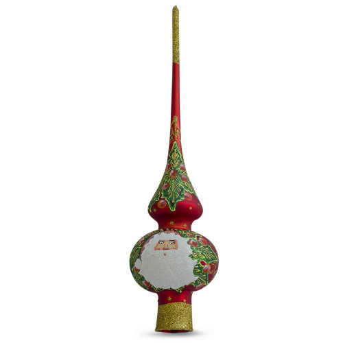 Santa Head and Mistletoe Wreath on Red Glass Christmas Tree Topper 11 Inches