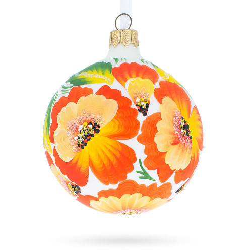 Poppy Flowers on White Glass Ball Christmas Ornament
