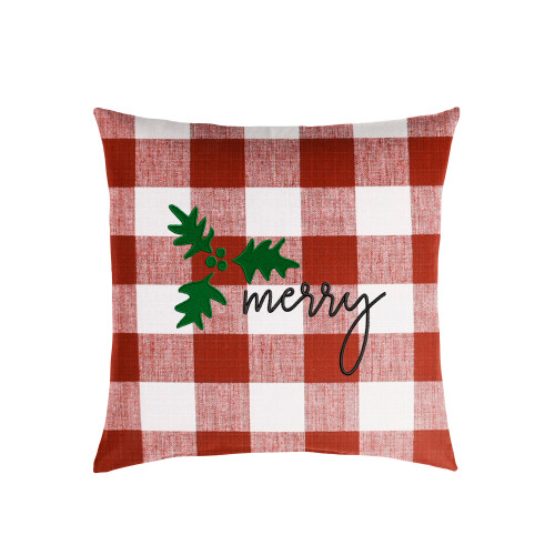 18" Red Plaid and Green Single Embroidered Decorative "Merry" Square Lumbar Pillow