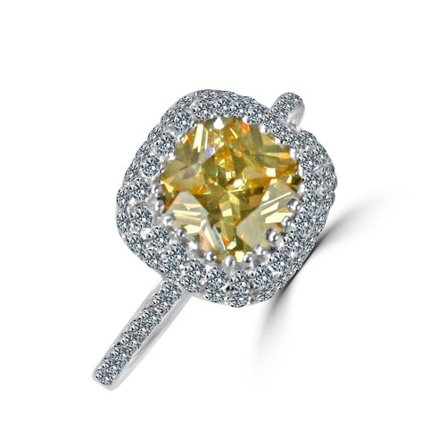 2 CT. Cushion Diamond Veneer Cubic Zirconia Halo Sterling Silver Ring. 635R0249 - 635R0249-Canary-9