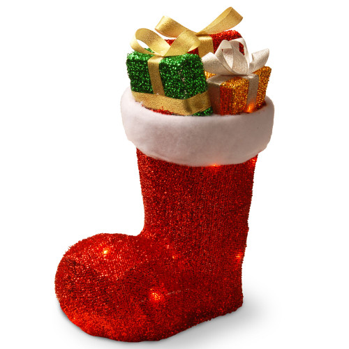 12" Glittering Red Christmas Santa Boot with Gifts Table Topper - Clear Lights