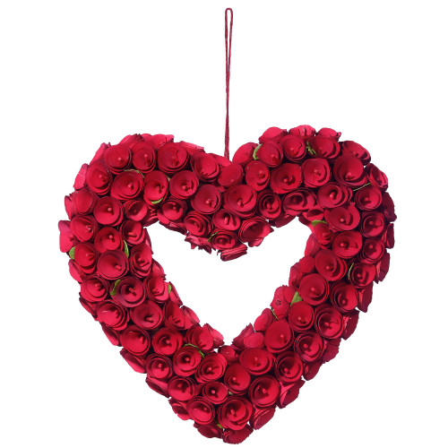 Red Curl Roses Wood Handcrafted Valentine Heart Wreath - 16-Inch, Unlit