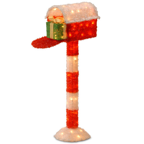 48" Red and White Mailbox with Gift Box - Clear Lights