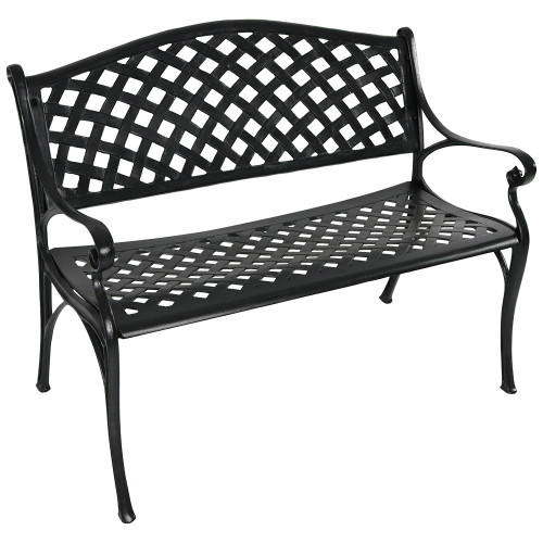 Sunnydaze 2-Person Black Checkered Cast Aluminum Outdoor Patio Garden Bench