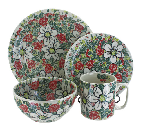 Blue Rose Polish Pottery Rose Garden 4 Piece Place Setting - Service for 1