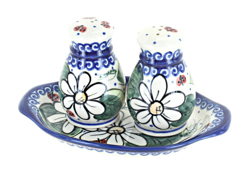 Blue Rose Polish Pottery Ladybug Salt & Pepper Shakers with Tray