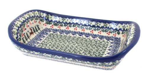 Blue Rose Polish Pottery Reindeer Delight Medium Tray with Handles