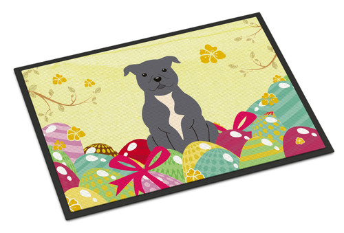 Caroline's Treasures BB6046JMAT Easter Eggs Staffordshire Bull Terrier Blue Indoor or Outdoor Mat 24x36 , 24H X 36W, multicolor