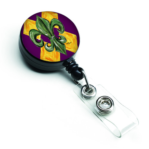 Mardi Gras Retractable Badge Reel 8133BR Harlequin Fleur de lis Purple Green and Gold Design