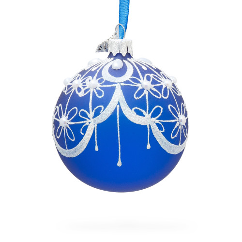 White Flowers on Blue Glass Ball Christmas Ornament 3.25 Inches
