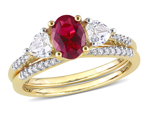 1.90 Carat (ctw) Lab-Created Ruby and White Sapphire Bridal Engagement Wedding Ring Set 10K Yellow Gold - 08DLG1005549CRUW-7.5