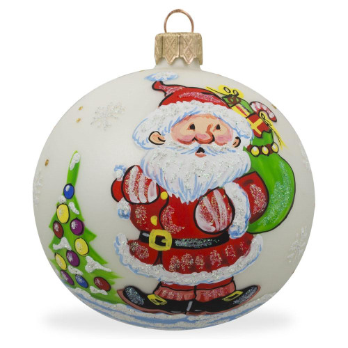 Santa Carrying Gifts to Christmas Tree Glass Ball Ornament 3.25 Inches