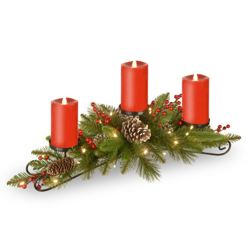 30" Pre-lit Bristle Berry Artificial Christmas Centerpiece with three Candles