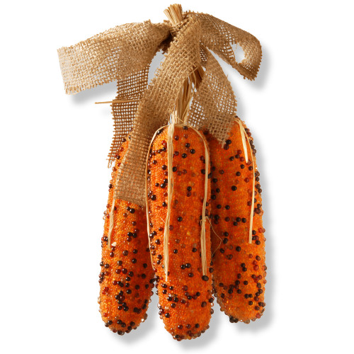 17.5” Autumn Harvest Beaded Faux Corn with Burlap Ribbon