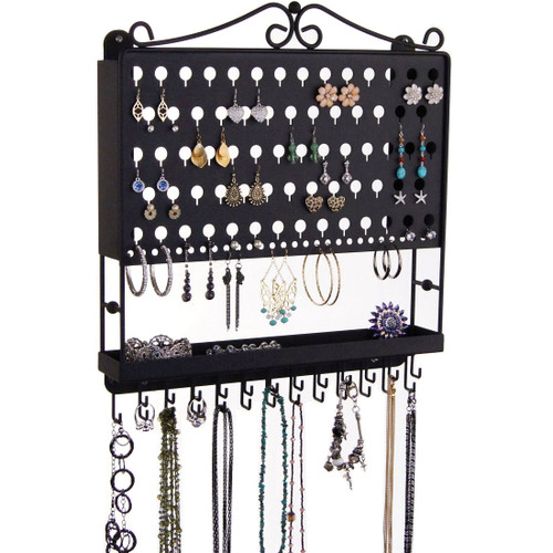 Wall Mount Jewelry Holder Hanging Earring Organizer and Necklace Rack Jewelry Storage Rack, Black