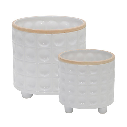 Set of 2 White and Beige Dimple Footed Ceramic Outdoor Planters 8"