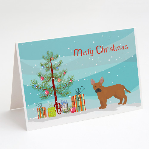 Caroline's Treasures CK3828GCA7P Tan French Bulldog Pit Bull Mix Christmas Tree Greeting Cards and Envelopes Pack of 8, 7 x 5, multicolor